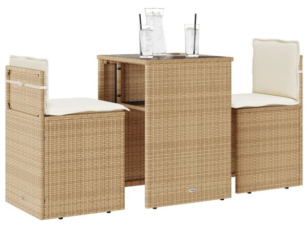3 részes bézs polyrattan bisztrógarnitúra párnával