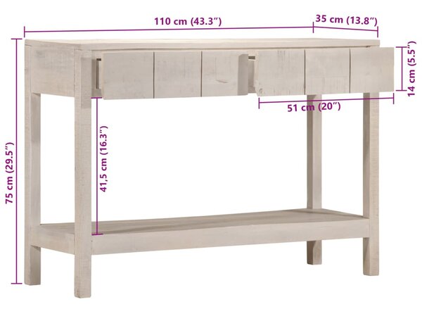 Fehér tömör mangófa tálalóasztal 110 x 35 x 75 cm