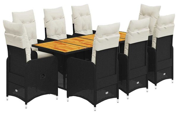 9 részes fekete polyrattan kerti bisztrógarnitúra párnákkal