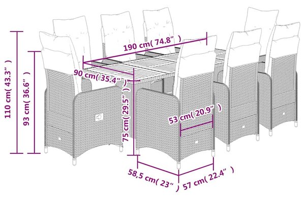 9 részes fekete polyrattan kerti bisztrógarnitúra párnákkal