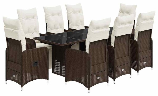 9 részes barna polyrattan kerti bisztrógarnitúra párnákkal