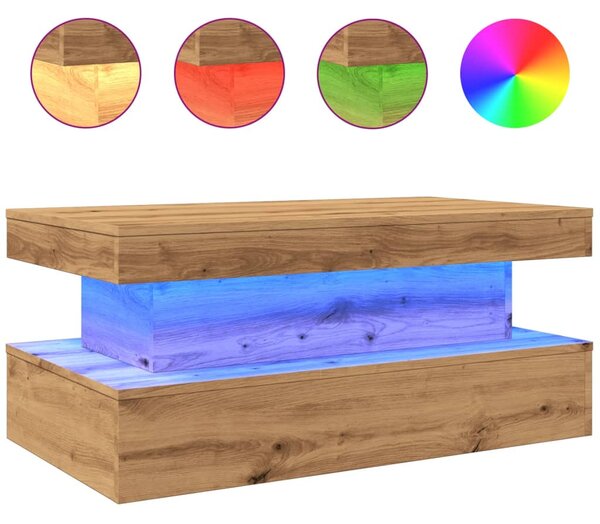 Kézműves tölgy színű dohányzóasztal LED-lámpákkal 90x50x40 cm