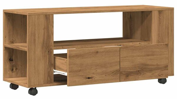 Kézműves tölgy szerelt fa TV-szekrény kerekekkel 102x34,5x43 cm