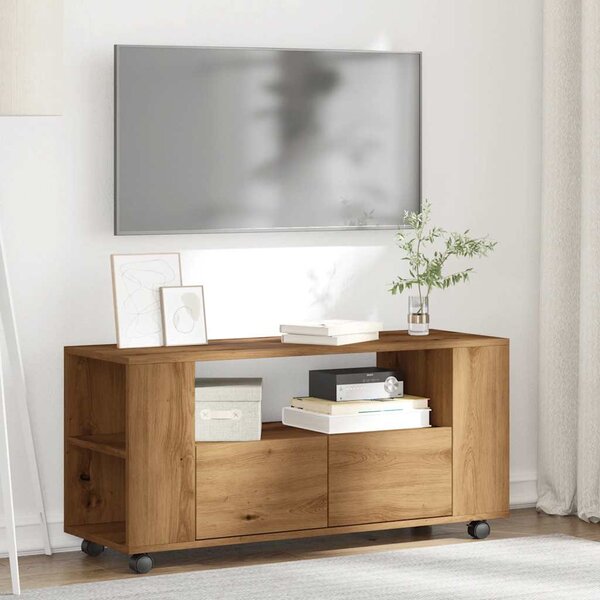 Kézműves tölgy szerelt fa TV-szekrény kerekekkel 102x34,5x43 cm