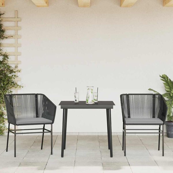 3 részes fekete polyrattan üveg kerti étkezőgarnitúra párnákkal