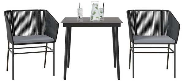 3 részes fekete polyrattan üveg kerti étkezőgarnitúra párnákkal