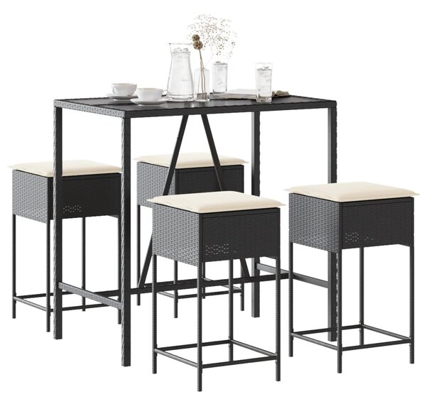 5 részes fekete polyrattan kerti bárszett párnával