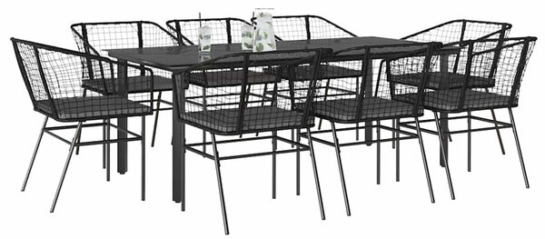 9 részes fekete polyrattan üveg kerti étkezőgarnitúra párnákkal