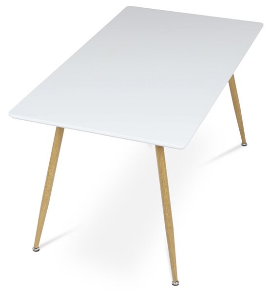 Étkezőasztal 140x80, MDF, fehér matt asztallap, fém lábak tölgy színben