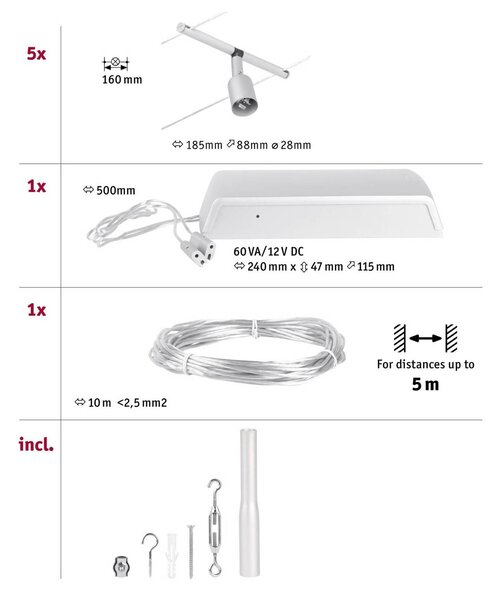 Paulmann Wire Salt kötélrendszer, 5-ágú 5 m króm, Alu / szürke / cink, Folyosó, fém, Modern