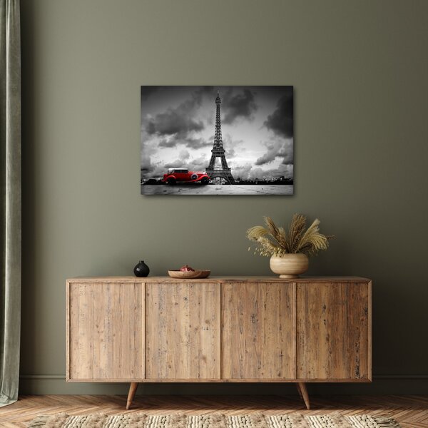 Kép - Az Eiffel-torony és a piros autó (70x50 cm)
