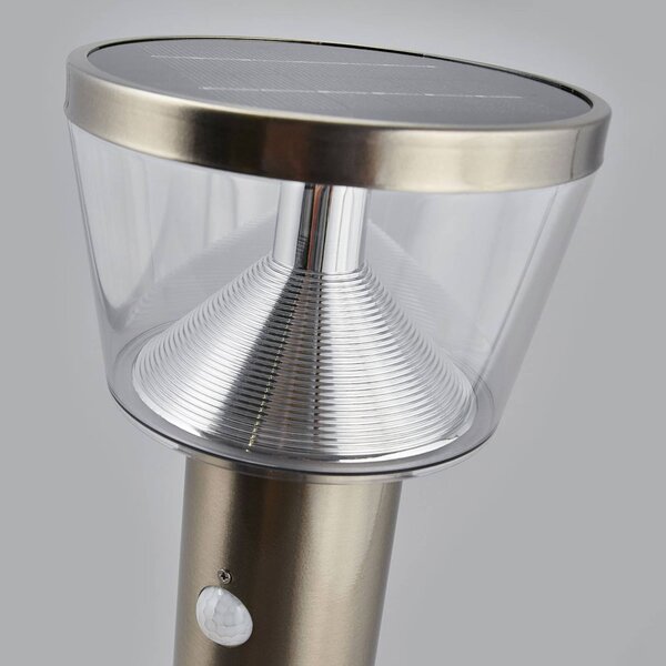 Lindby LED-es napelemes talapzatlámpa Antje, mozgásérzékelő, IP44, Alu / szürke / cink, Rozsdamentes acél, Modern