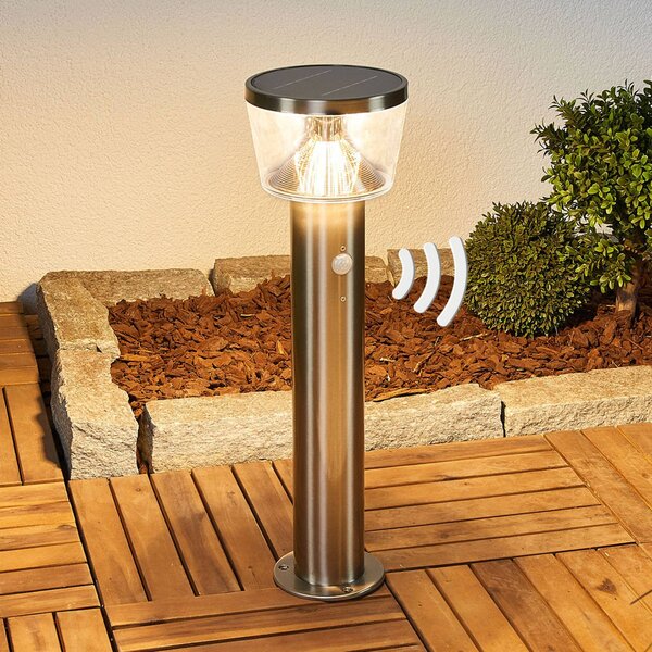 Lindby LED-es napelemes talapzatlámpa Antje, mozgásérzékelő, IP44, Alu / szürke / cink, Rozsdamentes acél, Modern