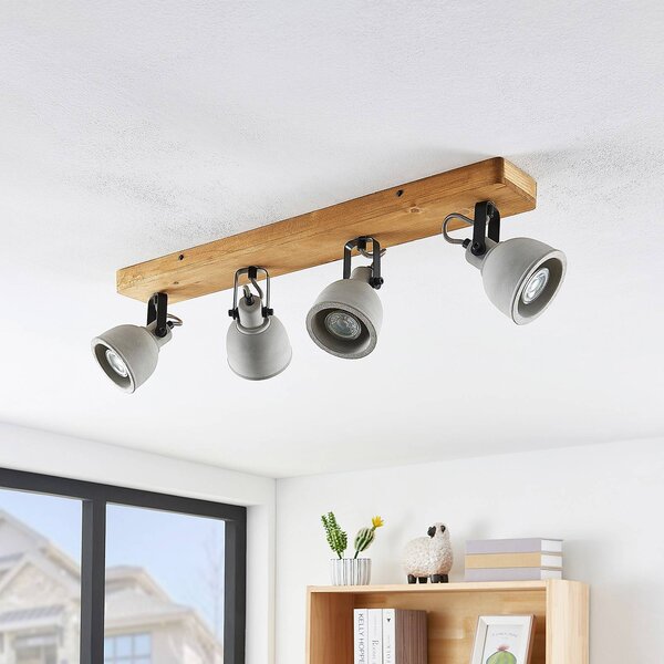 Lindby Spot Mitis, 70 cm, 4 lámpás, szürke, fa, beton, GU10, dimmelhető, Sötét fa, Nappali / Étkező, Fa, Indusztriális dizájn