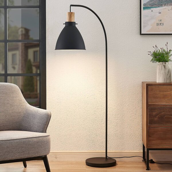 Lindby állólámpa Trebale, fekete, fa, 154 cm, E27, Fekete, Nappali / Étkező, fém, Skandináv