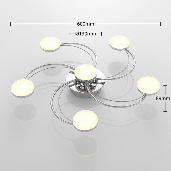 Lindby LED mennyezeti lámpa Rouven, spirál alakú, 6 lámpás, szürke, Króm / ezüst, Nappali / Étkező, fém, Modern
