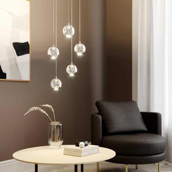 Lucande LED-es függőlámpa Hayley, Ø 30 cm, 5 lámpás, króm, üveg, Tiszta / átlátszó, Nappali / Étkező, Üveg, Modern