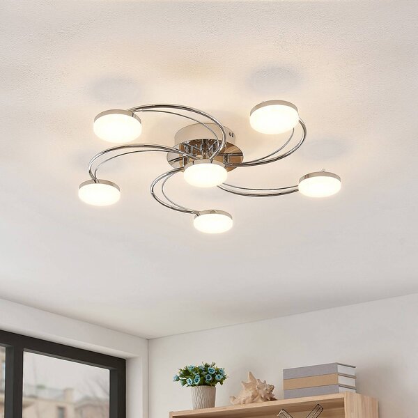 Lindby LED mennyezeti lámpa Rouven, spirál alakú, 6 lámpás, szürke, Króm / ezüst, Nappali / Étkező, fém, Modern