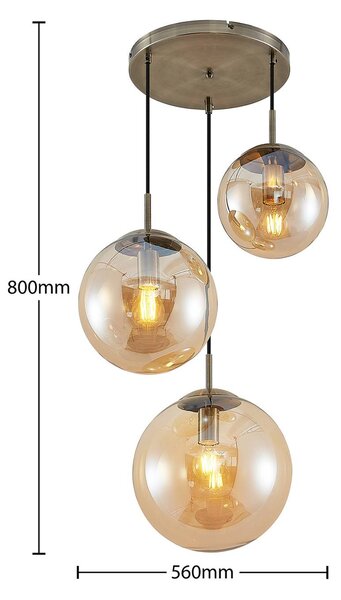 Lindby függőlámpa Teeja, borostyán, 3-as lámpa, Ø52cm, üveg, E27, dimmelhető, Krém / borostyánsárga, Nappali / Étkező, Üveg, Modern