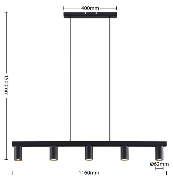 Lindby függőlámpa Baliko, fekete, 116 cm, 5 lámpás, GU10, dimmelhető, Fekete, Nappali / Étkező, fém, Modern