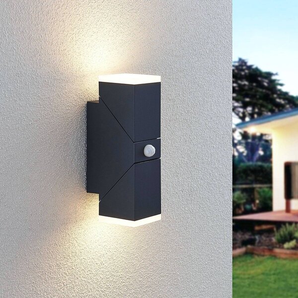Lindby LED fali lámpa Sally, 22 cm, antracit, IP54, érzékelővel, Fekete, Alumínium, Modern