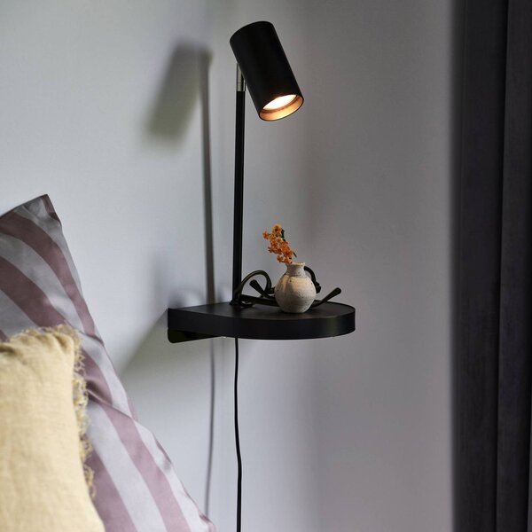 Nordlux Fali lámpa Cody, polccal és USB porttal, fekete, Fekete, Hálószoba, fém, Modern