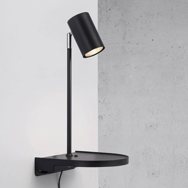 Nordlux Fali lámpa Cody, polccal és USB porttal, fekete, Fekete, Hálószoba, fém, Modern