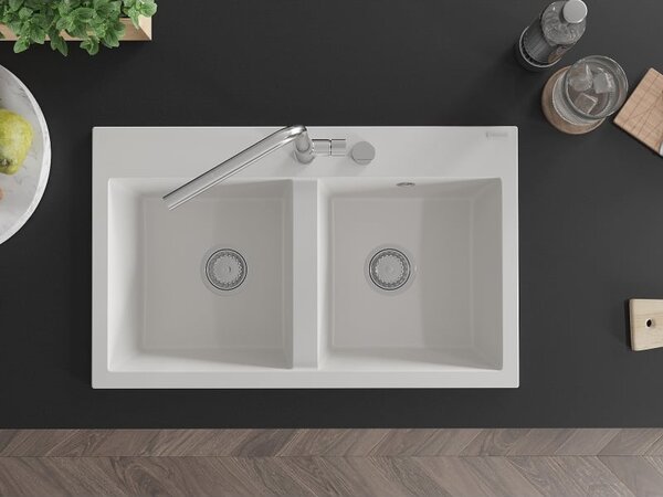 Mexen Hektor gránit mosogató 2-medencés 800 x 480 mm, fehér, króm szifon - 6521802000-20