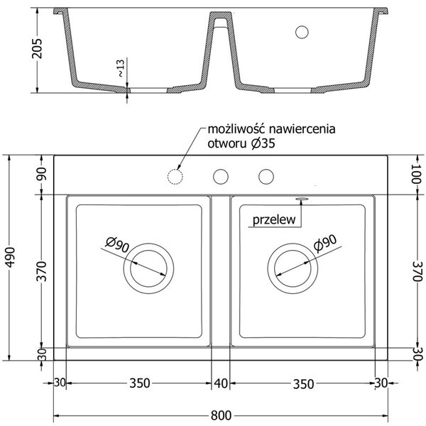 Mexen Hektor gránit mosogató 2-medencés 800 x 480 mm, fehér, króm szifon - 6521802000-20