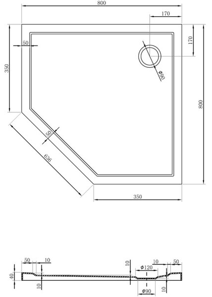 Mexen Flow ötszögletű slim zuhanytálca 80 x 80 cm, fekete matt - 46P708080