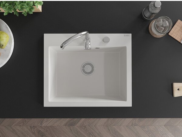 Mexen Elix 1-medencés gránit mosogató 600 x 500 mm, fehér, króm szifon - 6525601005-20