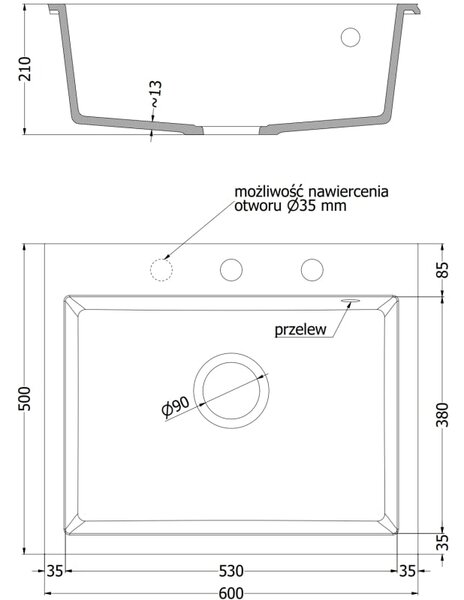 Mexen Elix gránit mosogató 1-medencés 600 x 500 mm, bézs, króm szifon - 6525601005-69