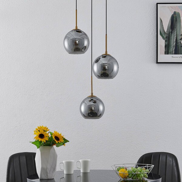 Lindby függőlámpa Jurian, 32 cm, 3-as lámpa, bronz, füst, üveg, dimmelhető, Alu / szürke / cink, Nappali / Étkező, Üveg, Modern