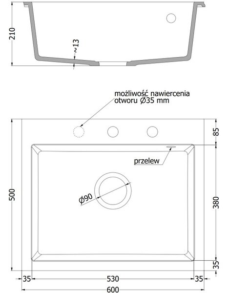 Mexen Elix 1-medencés gránit mosogató 600 x 500 mm, fehér, króm szifon - 6525601005-20
