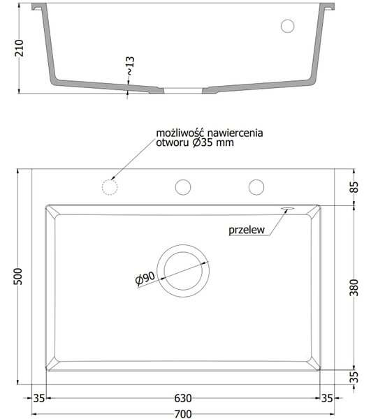 Mexen Elix gránit mosogató 1-medencés 700 x 500 mm, bézs, króm szifon - 6526701005-69