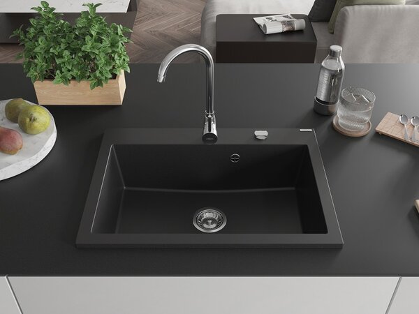 Mexen Elix 1-medencés gránit mosogató 700 x 500 mm, fekete, króm szifon - 6526701005-77