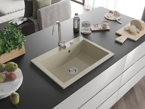 Mexen Elix gránit mosogató 1-medencés 700 x 500 mm, bézs, króm szifon - 6526701005-69