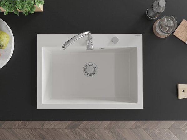 Mexen Elix gránit mosogató 1-medencés 700 x 500 mm, fehér, króm szifon - 6526701005-20