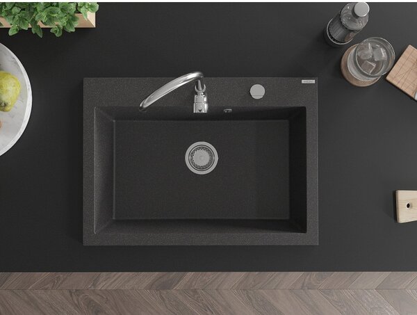 Mexen Elix 1-medencés gránit mosogató 700 x 500 mm, fekete pöttyös, krómozott szifon - 6526701005-76