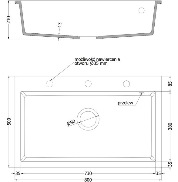 Mexen Elix gránit mosogató, 1 medencés, 800 x 500 mm, fekete foltos, króm szifon - 6527801005-76