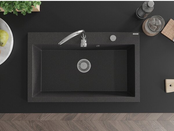 Mexen Elix gránit mosogató, 1 medencés, 800 x 500 mm, fekete foltos, króm szifon - 6527801005-76