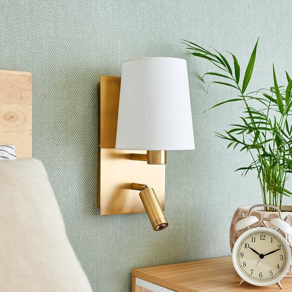 Lindby fali lámpa Aiden, 30 cm, antik sárgaréz, LED-es olvasólámpa, Bronz / antik sárgaréz, Nappali / Étkező, Textil / szövet / selyem