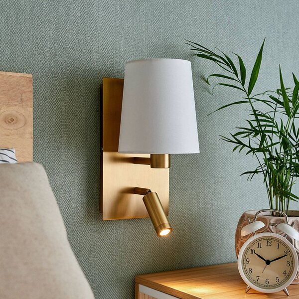 Lindby fali lámpa Aiden, 30 cm, antik sárgaréz, LED-es olvasólámpa, Bronz / antik sárgaréz, Nappali / Étkező, Textil / szövet / selyem
