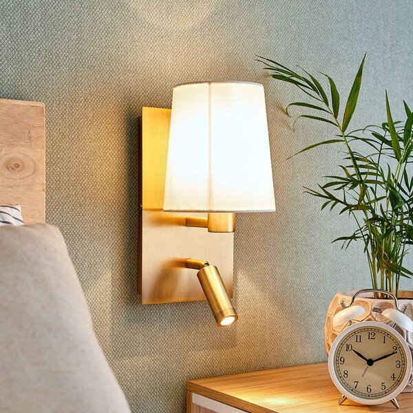 Lindby fali lámpa Aiden, 30 cm, antik sárgaréz, LED-es olvasólámpa, Bronz / antik sárgaréz, Nappali / Étkező, Textil / szövet / selyem