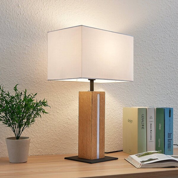 Lindby Garry asztali lámpa, 2-lámpás, fehér, fa, 53 cm, E27, dimmelhető, Fehér / opál, Nappali / Étkező, Textil / szövet / selyem, Modern