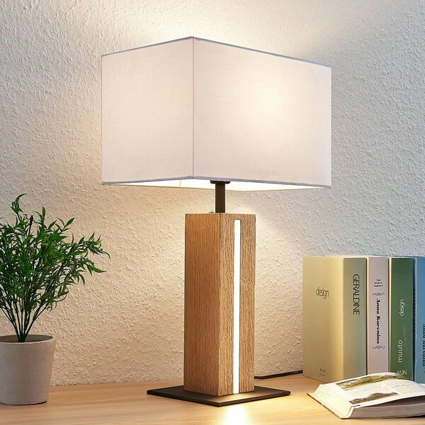Lindby Garry asztali lámpa, 2-lámpás, fehér, fa, 53 cm, E27, dimmelhető, Fehér / opál, Nappali / Étkező, Textil / szövet / selyem, Modern
