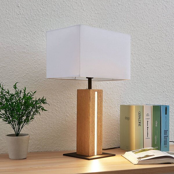 Lindby Garry asztali lámpa, 2-lámpás, fehér, fa, 53 cm, E27, dimmelhető, Fehér / opál, Nappali / Étkező, Textil / szövet / selyem, Modern