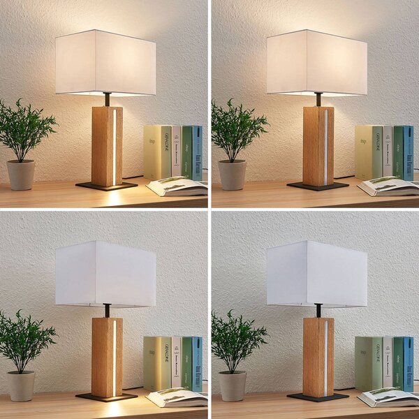Lindby Garry asztali lámpa, 2-lámpás, fehér, fa, 53 cm, E27, dimmelhető, Fehér / opál, Nappali / Étkező, Textil / szövet / selyem, Modern