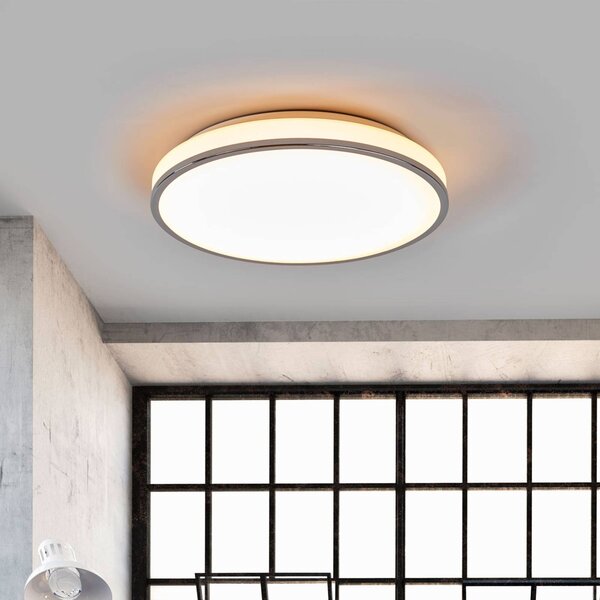 Lindby LED mennyezeti világítás Lyss, Ø 40 cm, króm színű, IP44, Fehér / opál, Fürdőszoba, Üveg, Modern