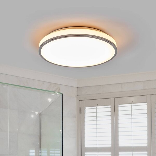 Lindby LED mennyezeti világítás Lyss, Ø 40 cm, króm színű, IP44, Fehér / opál, Fürdőszoba, Üveg, Modern